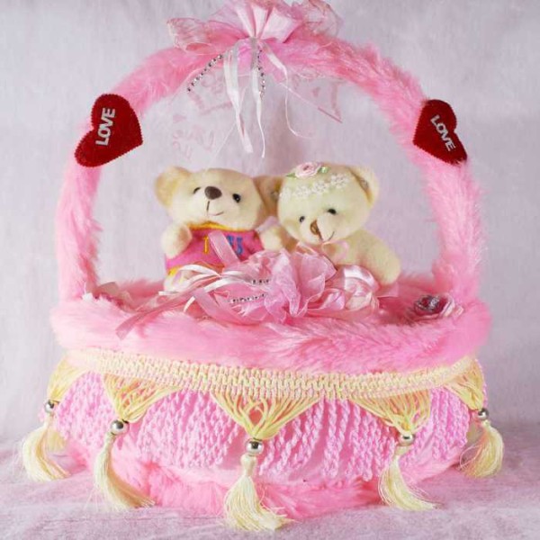 Beautiful Pink Decorated Heart Cake Plush Cushion with Love Couple Teddy Bears